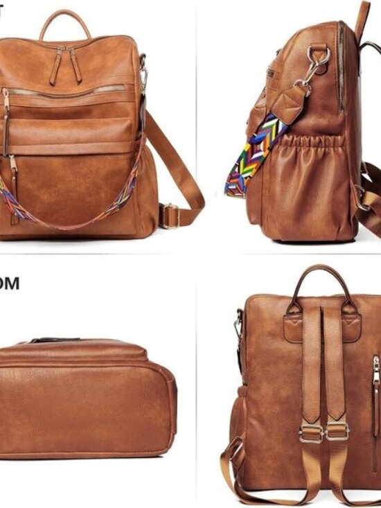 Women\'s Warm Brown PU Leather Backpack Purse Convertible Sling Detachable Strap